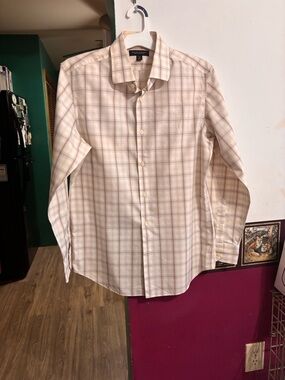 Banana Republic Men's Beige and Light Brown Plaid Dress Shirt
